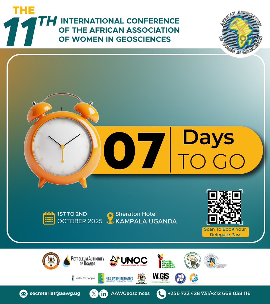 AAWGUg's tweet photo. 🌟 07 Days to Africa’s Premier Geoscience Gathering.

To all Registered participants, ensure to make your payment by 25th September. 

Date: 1st–2nd October 2025 
Venue: Sheraton Hotel, Kampala

Scan the QR code or visit https://t.co/xsQSszH0kN to secure your delegate pass. https://t.co/YLeTlvU69v