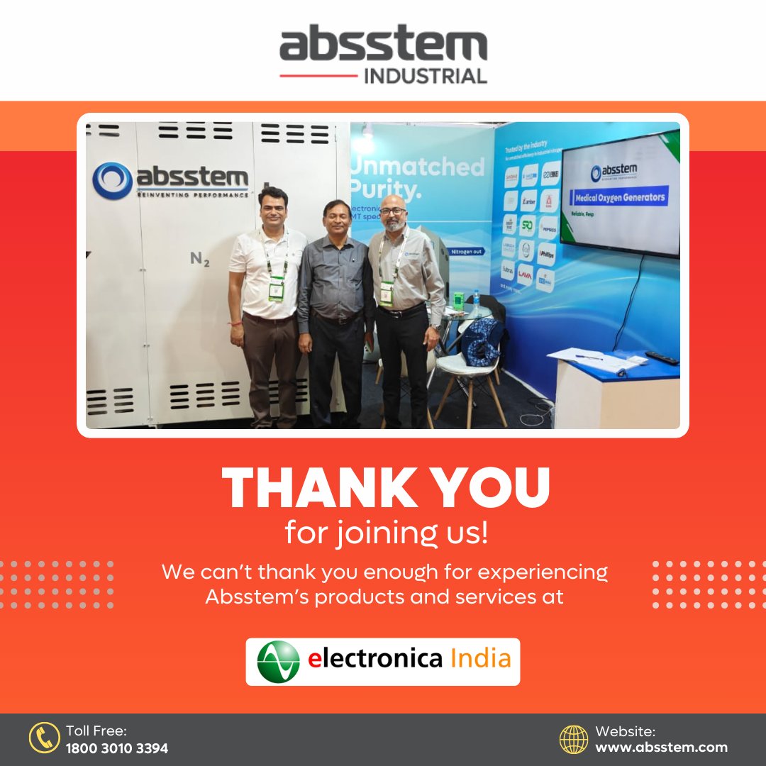 absstem's tweet image. 🌟 A heartfelt THANK YOU for visiting Absstem at Electronica India 2025!

#Electronicaindia2025 #FutureOfInnovation #TechExcellence #InnovationLeaders #SmartSolutions #TogetherWeInnovate #Industrialinnovation #Absstem #Absstemtechnologies #Psanitrogengenerator #Psaoxygengenerator
