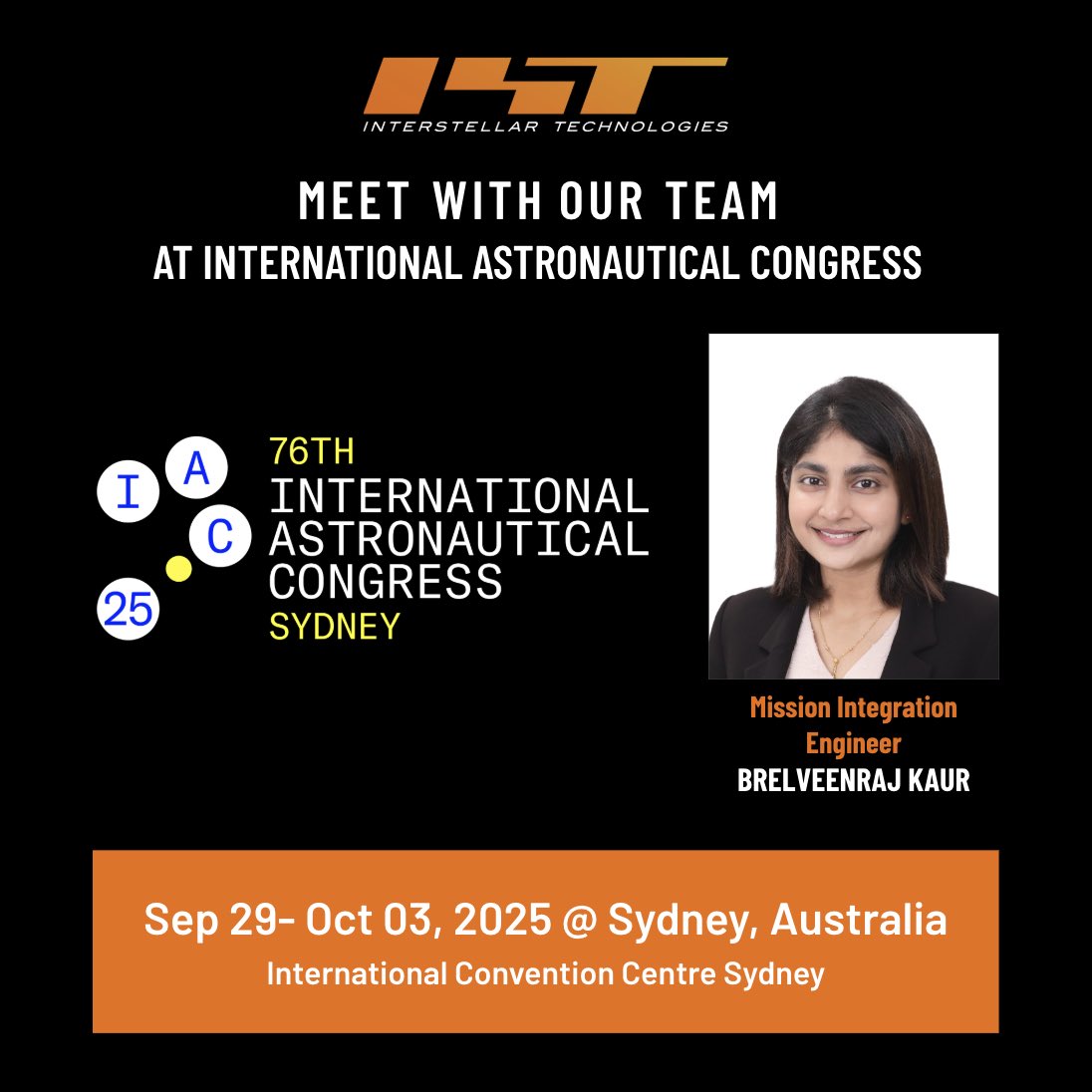 Interstellar Technologies (@istellartech_en) on Twitter photo 🚀 Meet the Interstellar team at <a href="/IAC2025sydney/">IAC 2025</a>!
Our Mission Integration Engineer will be on-site to discuss partnership opportunities and launch possibilities and how ZERO can help bring your missions to orbit.
🟧 Sep 29-Oct 03 2025
🟧 International Convention Centre Sydney 🚀 Meet the Interstellar team at <a href="/IAC2025sydney/">IAC 2025</a>!
Our Mission Integration Engineer will be on-site to discuss partnership opportunities and launch possibilities and how ZERO can help bring your missions to orbit.
🟧 Sep 29-Oct 03 2025
🟧 International Convention Centre Sydney