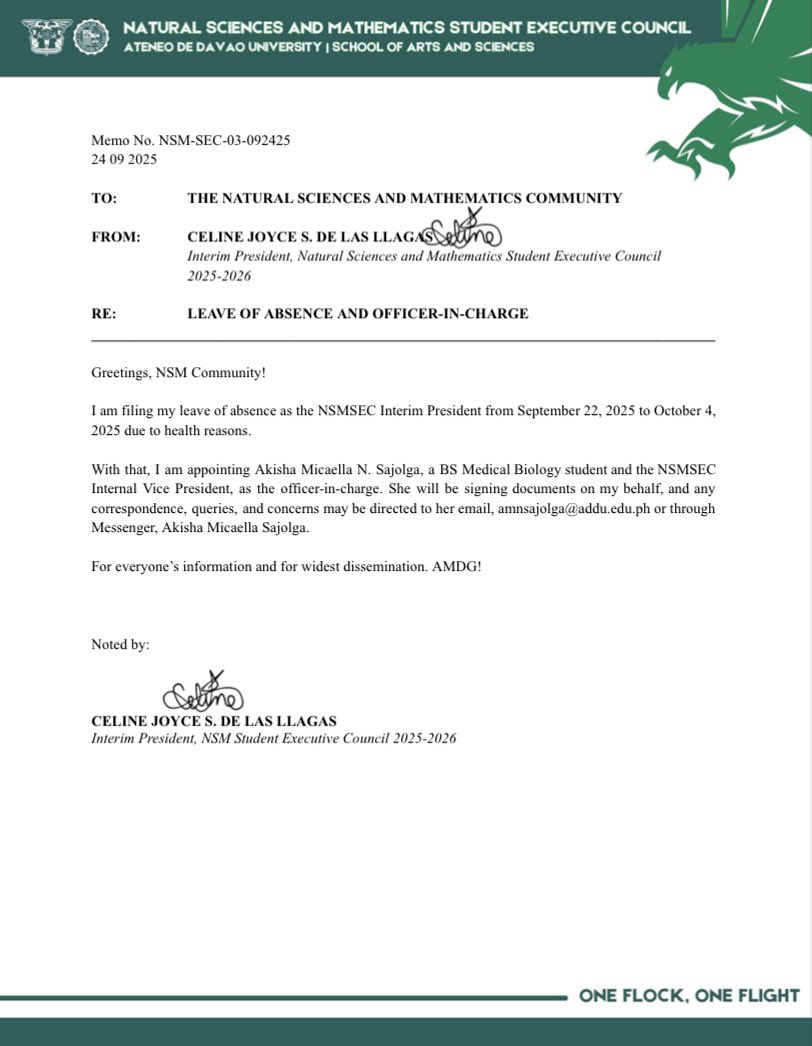 AdDU_NSMSEC's tweet photo. 𝐌𝐄𝐌𝐎 | 𝐌𝐞𝐦𝐨 𝐍𝐨. 𝐍𝐒𝐌-𝐒𝐄𝐂-𝟎𝟑-𝟎𝟗𝟐𝟒𝟐𝟓
RE: LEAVE OF ABSENCE AND OFFICER-IN-CHARGE

𝘍𝘰𝘳 𝘦𝘷𝘦𝘳𝘺𝘰𝘯𝘦’𝘴 𝘪𝘯𝘧𝘰𝘳𝘮𝘢𝘵𝘪𝘰𝘯 𝘢𝘯𝘥 𝘧𝘰𝘳 𝘸𝘪𝘥𝘦𝘴𝘵 𝘥𝘪𝘴𝘴𝘦𝘮𝘪𝘯𝘢𝘵𝘪𝘰𝘯. 
𝐴𝑀𝐷𝐺+ https://t.co/krnFD5BPMd
