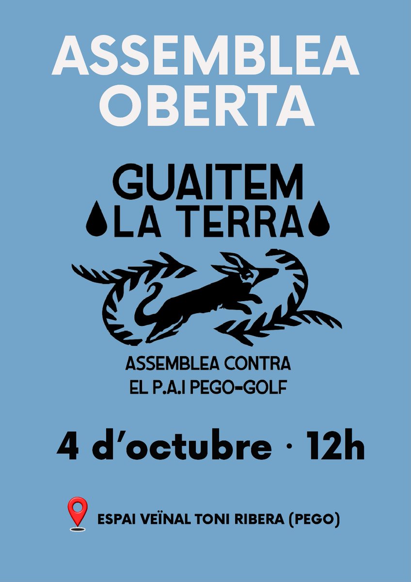 ✊Tornem!
📆Dissabte 4 d'octubre a les 12h.

Assemblea oberta de Guaitem la Terra.

Organitzem-nos per defensar el territori d'especuladors🔥