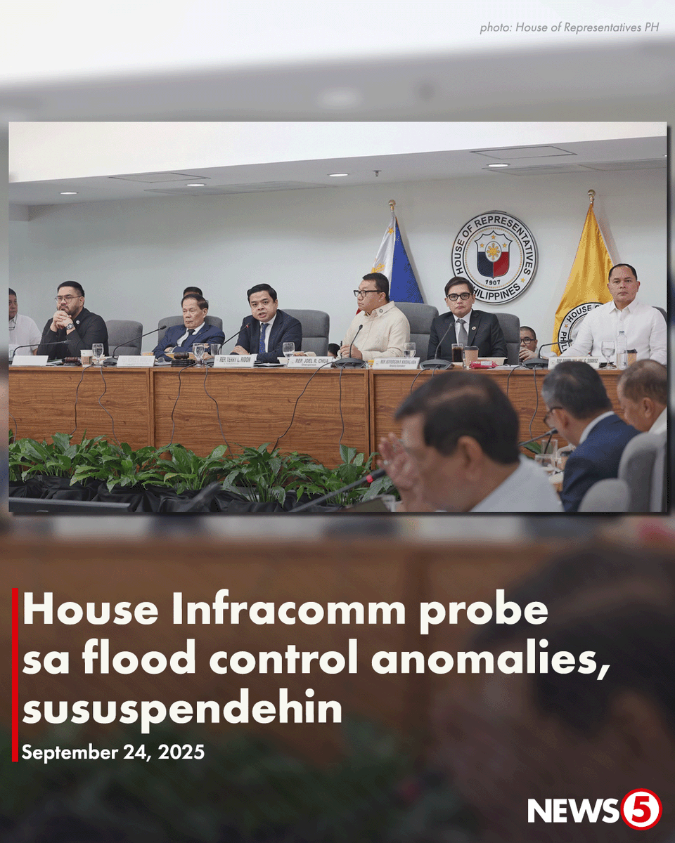 News5PH's tweet photo. SUSPENDED ANG INFRACOMM HEARING

Sususpendehin na ng House Infrastructure Committee (Infracomm) ang mga pagdinig nito kaugnay ng umano'y maanomalyang flood control projects upang magbigay-daan sa imbestigasyon ng Independent Commission for Infrastructure (ICI).

Inanunsyo 'yan ni House Infracomm co-chair Terry Ridon.

Personal na itu-turn over ni House Speaker Bojie Dy ang mga nakalap na ebidensya ng Infracomm sa ICI. | via Marianne Enriquez