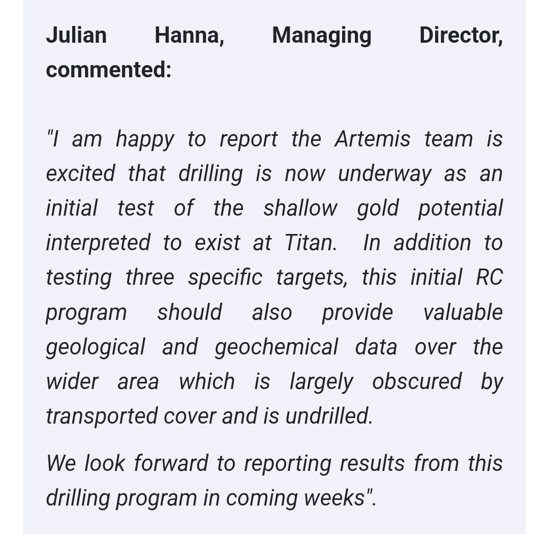 #ARV Beyond the Titan drilling, Artemis Resources is also eyeing a diamond drilling program to expand the Carlow Resource. This strategic move highlights the company's broader growth plans.

investegate.co.uk/announcement/r…