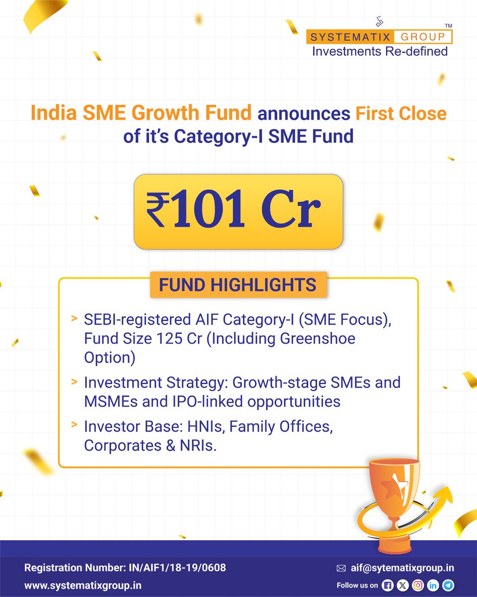SystematixGrp's tweet photo. We are delighted to announce the First Close of India SME Growth Fund, a SEBI-registered Category-I AIF dedicated to fueling the growth of India’s Small & Medium Enterprises.✨

With strong commitments from HNIs, Family Offices, Corporates & NRIs, this milestone marks the beginning of our journey to back growth-stage SMEs, IPO-linked opportunities, and SME-to-mainboard transitions.

A heartfelt thank you to all our investors and partners for their trust and support. Here’s to shaping India’s SME champions and creating long-term impact!

#IndiaSMEGrowthFund #SME #SmallAndMediumEnterprises #SMEGrowth #GrowthCapital #InvestInIndia #Systematix #AIF #PrivateEquity #Investors #WealthManagement

@NikhilSysgroup  | @krati_03  | @RahulSysgrp