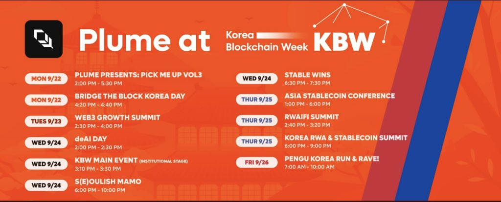 0x_meliodas's tweet image. it’s day 3 of Korea Blockchain Week 🇰🇷(plume edition) and @plumenetwork is everywhere, from ai to tokenization, stablecoins &amp;amp; more.

here’s today’s full lineup of where you can catch us.

#KBW2025 #PlumeNetwork