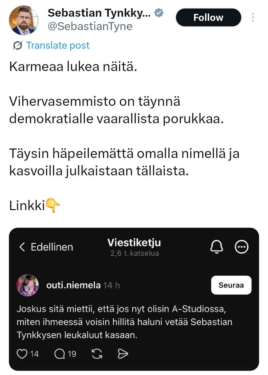 Outi on amatööri.

Olisi nyt edes pistänyt ampumis-ja raiskausfantasioita niin olisi hänelläkin mahdollisuus olla valtionvarainministeri taikka eduskunnan puhemies.