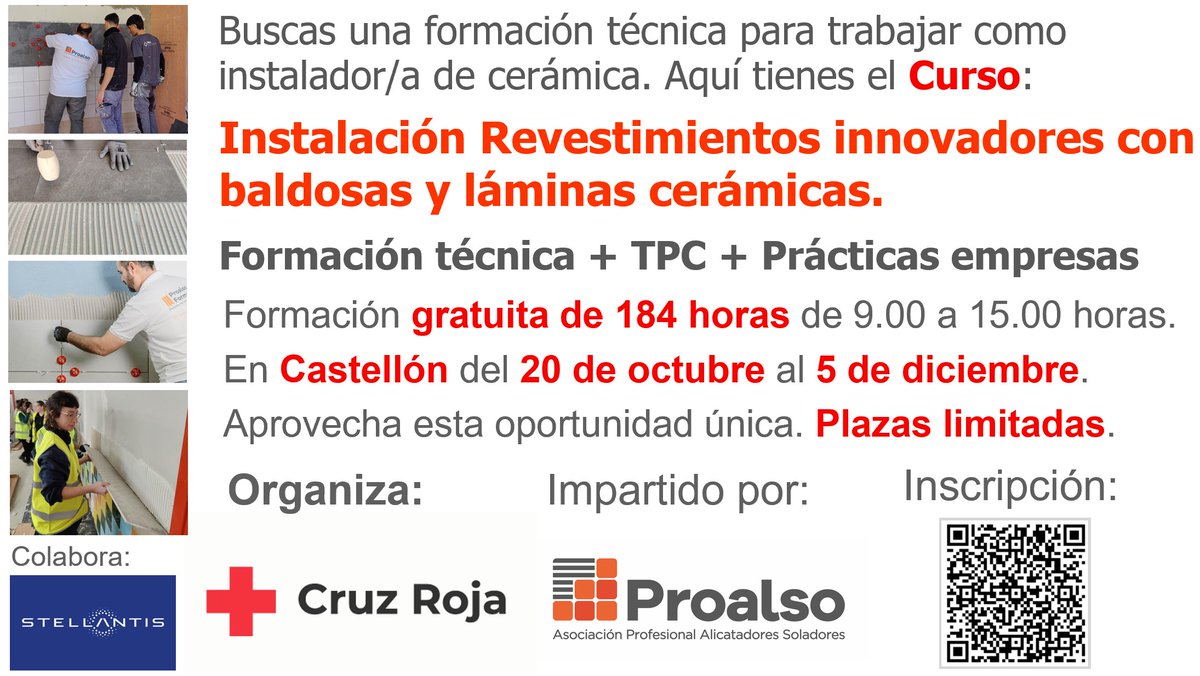 Proalso's tweet image. Te gustaría trabajar en un oficio con gran demanda? Ahora tienes la oportunidad de formarte a nivel iniciación gratuitamente. Cruz Roja organiza este curso impartido por PROALSO de Instalación de Revestimientos Cerámicos con prácticas en empresas. Info:  clt1743658.bmeurl.co/130078D9