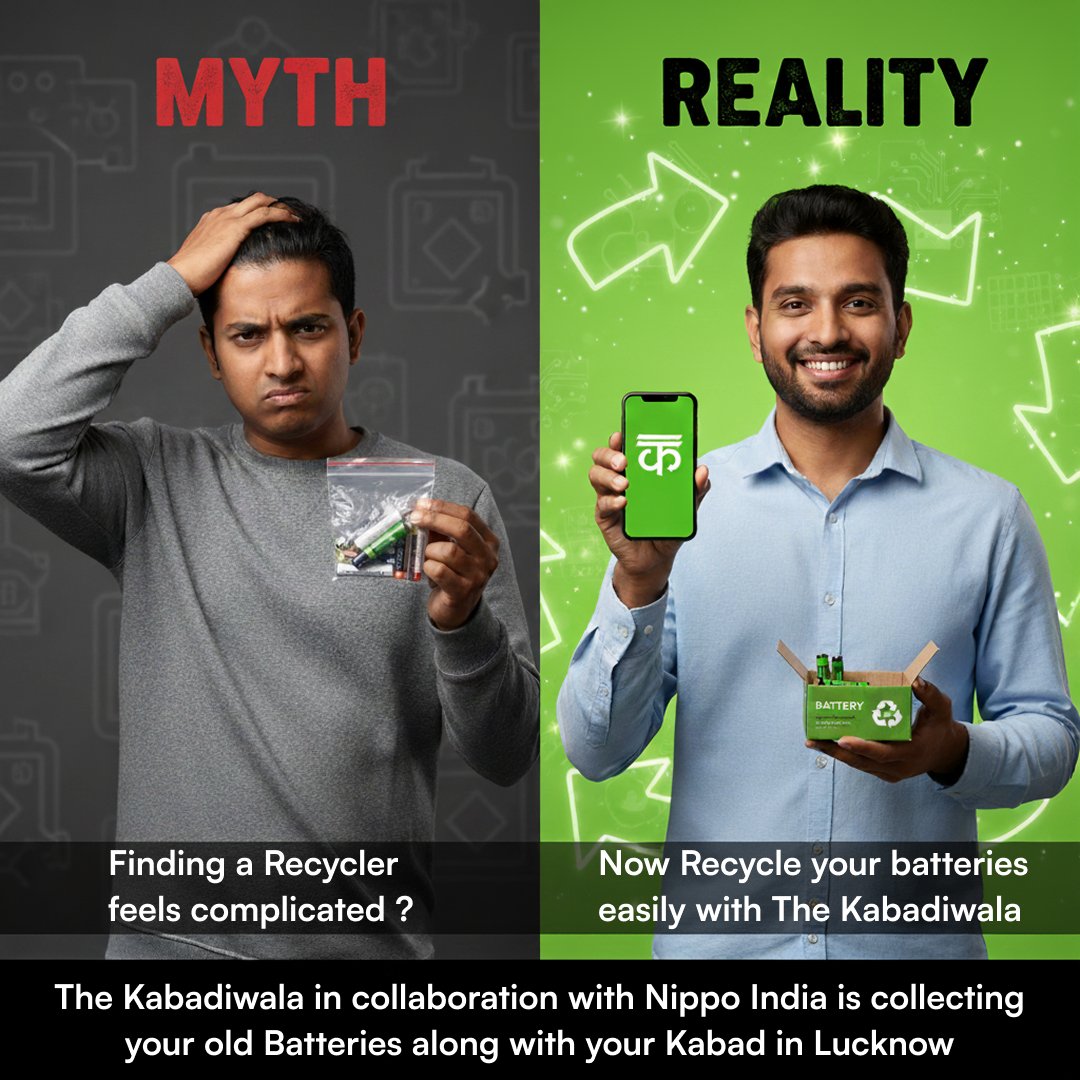 TheKabadiwala's tweet image. Batteries power remotes, toys, clocks &amp;amp; more  But once drained, most end up in dustbins.

@TheKabadiwala  x @NippoIndia  bring #Respark to Lucknow – making battery recycling easy &amp;amp; accessible 🔋♻️

Want a collection box in your society/office? DM us!

#BatteryRecycling