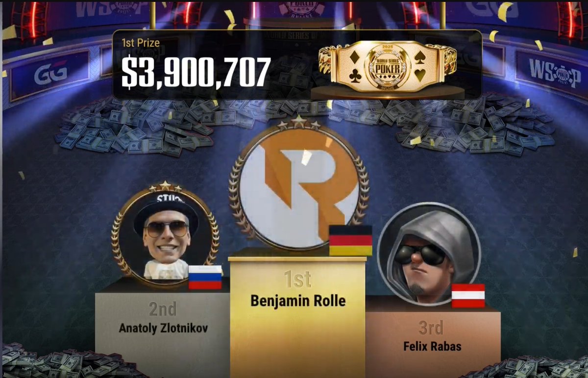 SpadepokerTV's tweet image. Benjamin “bencb789” Rolle is the WSOP Online Main Event champ - his first bracelet for $3,900,707 from 5,961 entries. 🏆🔥 $28.314M prize pool; HU vs Anatoly Zlotnikov. ⬇️

 spadepoker.tv/en/news/first-…
#WSOP #Poker #SpadePoker