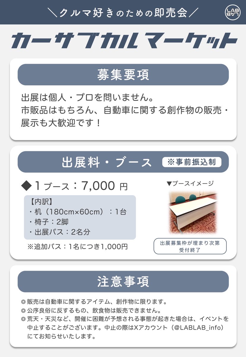 LABLAB_info's tweet image. /
#カーサブカルマーケット10
📣出展申し込み受付中!
\
出展は個人・プロを問いません!
市販品はもちろん、自動車に関する創作物の販売や展示も大歓迎です♪
▼出展申し込みはこちらから
forms.gle/NecNhTfTCyZvAb…