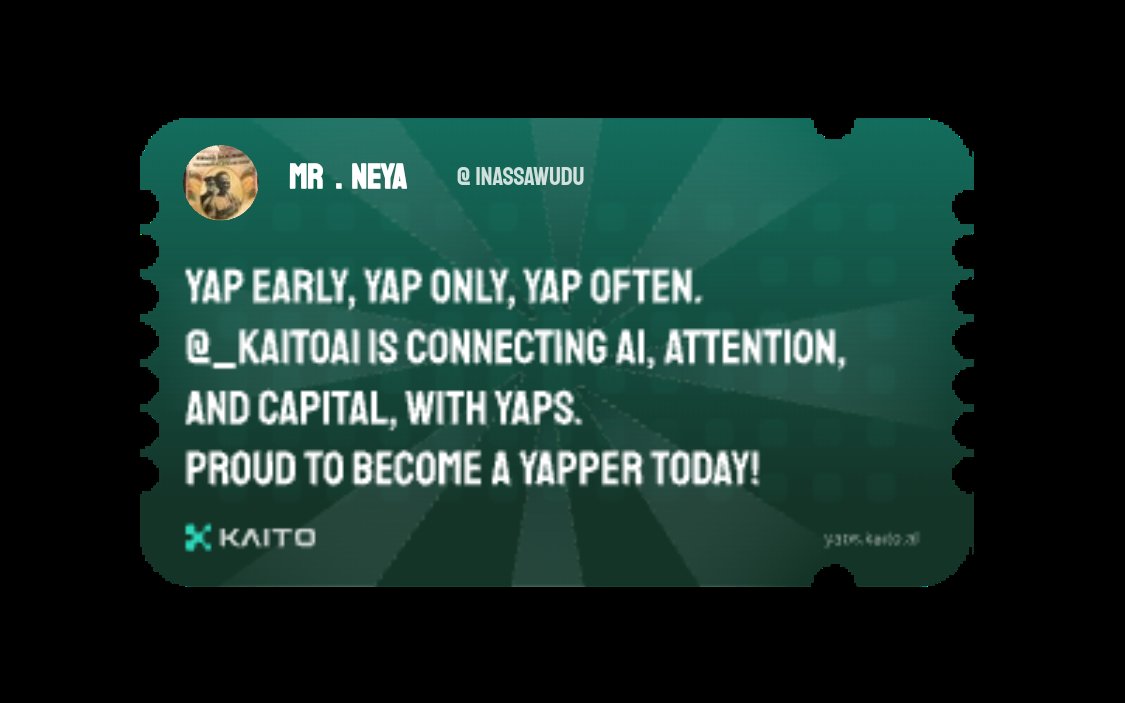Yap early, yap only, yap often.

<a href="/KaitoAI/">Kaito AI 🌊</a> is connecting AI, attention and capital with Yaps.

Just claimed my social card and I'm accumulating Yap points in real-time.

Claim yours 👉 yaps.kaito.ai/referral/33065…