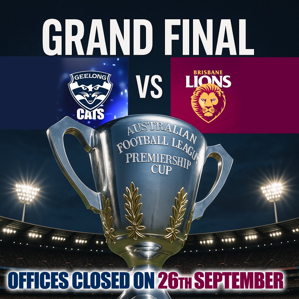 Factor1Advisers's tweet photo. 🏉 📣AFL Footy Grand Final Public Holiday!📣 🏉

Our offices will be closed on Friday, 26th September for the AFL Footy Final Public Holiday. We'll be back on deck and ready to assist you on Monday, 29th September.

#AFLFinal2025 #FootyWeekend https://t.co/MkEUVVZ8a8