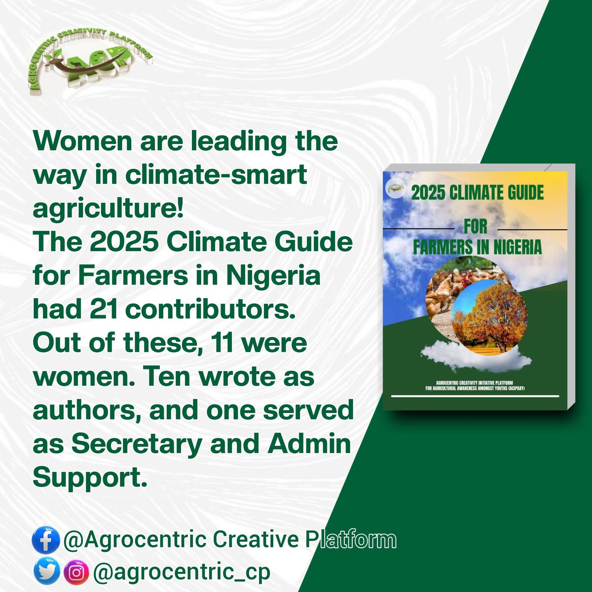 agrocentric_cp's tweet image. 🌍 Women are driving climate-smart farming in Nigeria! 🌱

11 of 21 contributors to the 2025 Climate Guide for Farmers were women, proving they are leaders in resilience and innovation.

👇 Download the guide:
doi.org/10.6084/m9.fig…

selar.com/4s3344

#WomenInAgriculture