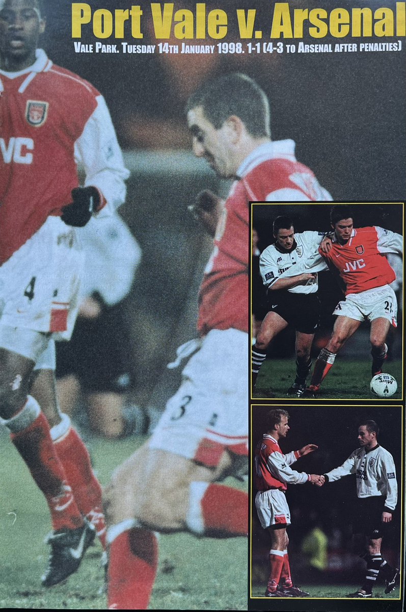 Flashback to January 98..

Last time the two clubs met &amp; an epic 3rd round tie v the Gunners

FACup3, Highbury
ARSENAL  0, PORT VALE  0
Att 37,471

FACup3 Replay, Vale Park
PORT VALE  1, ARSENAL  1
Corden                Bergkamp
aet  4-3 Arsenal on pens
Att 14,964
#pvfc #Arsenal
