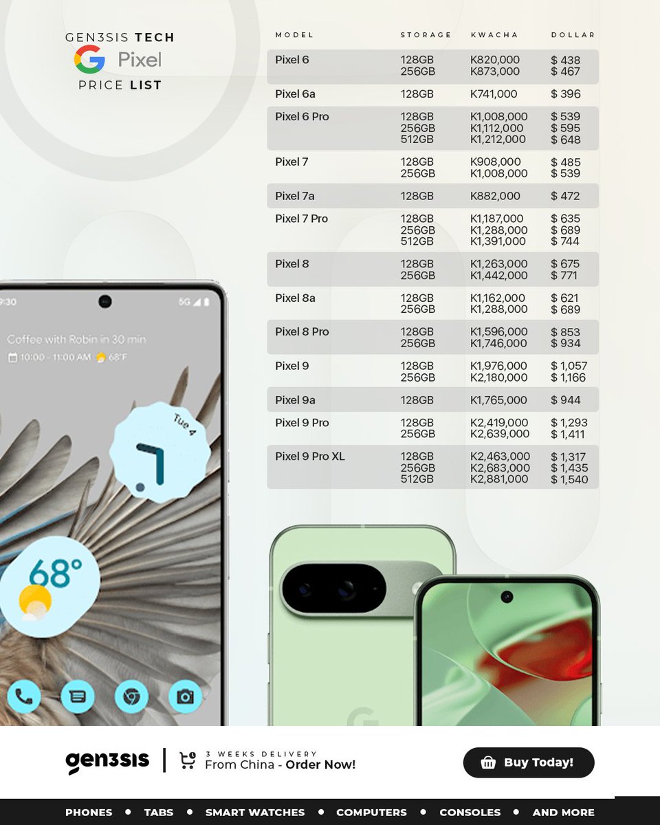 GEN3SISTECH's tweet image. Upgrade to Google Pixel with Gen3sis Tech! 📱
From the budget-friendly Pixel 6a 💰 to the Mighty Pixel 9 Pro XL, we’ve got you Covered!
✅Best Prices in Kwacha & USD
✅Fresh from China 🌏
🛒 Order now | 3-4 Weeks Delivery
#Gen3sisTech #GooglePixel #TechDeals #Malawi