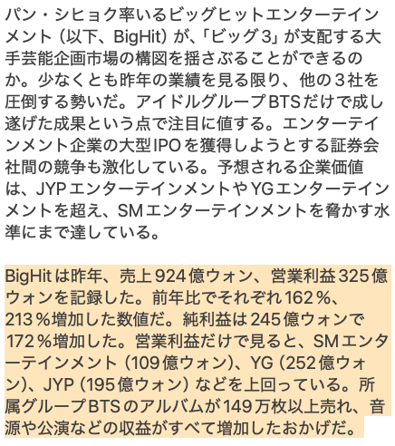 KMMiichan's tweet image. 👇「BTS」ビッグヒットエンターテインメント、IPO企業価値で「ビッグ3」を脅かす
昨年営業利益トップ、最低7000億ウォンを試算…50％の大株主パン・シヒョク社長の大当たり

2018年3月26日 ミン・ギョンムン記者
#HYBE #BigHit