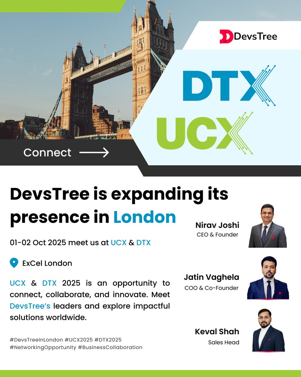 devstreeit's tweet image. Excited to join #UCX2025 &amp;amp; #DTX2025 at ExCeL London!
Discover how #DevsTree is shaping the future with Mobile, IoT, XR &amp;amp; Data Science innovations.

📅 01–02 Oct 2025

📍 Book a slot: calendly.com/keval-shah89/c…

#InnovationHub #FutureOfTech #AI #ML #TechLeaders #LetsConnect