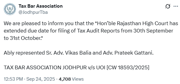 CANITINSINGH1's tweet photo. As informed by Jodhpur Tax Bar Association TAR Date extended by Hon'ble Rajasthan HIgh Court to 31st October.
@theicai 
@IncomeTaxIndia https://t.co/gA75OMYf48