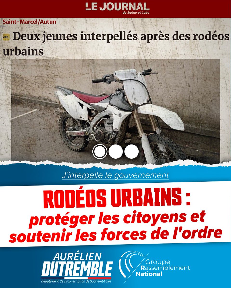 ✍🏻 J’interpelle le Gouvernement sur la recrudescence des rodéos urbains qui mettent en danger nos compatriotes, comme récemment en Saône-et-Loire.

🛡️ Quelles mesures seront prises pour alourdir les sanctions, confisquer rapidement les véhicules et donner à nos policiers de