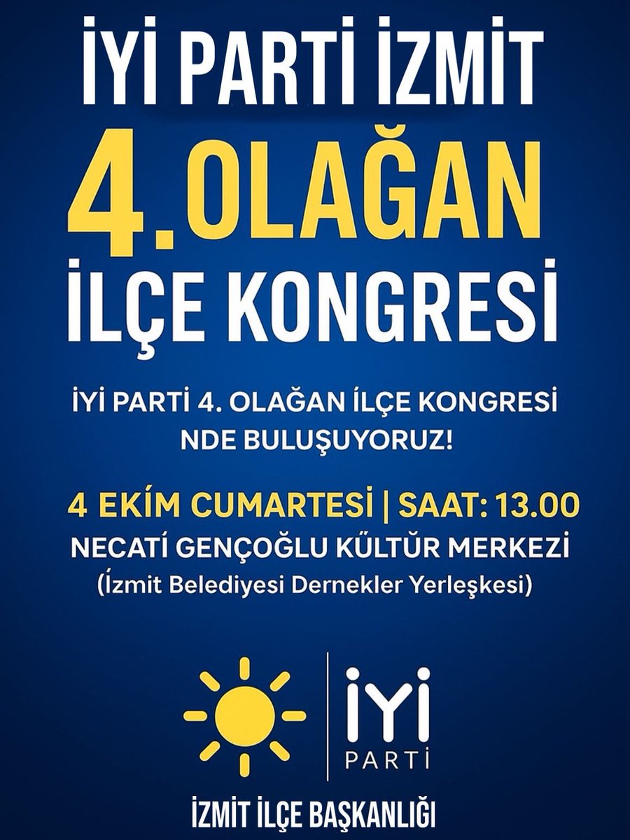 Milletimizin hak ettiği hür, müreffeh ve adil yarınları inşa etmek için çıktığımız yolda yeni bir döneme adım atıyoruz

🗓Tarih: 4 Ekim Cumartesi
🕐Saat: 13.00
📍Yer: Necati Gençoğlu Kültür Merkezi (İzmit Belediyesi Dernekler Yerleşkesi)

#İYİParti #Kongre #izmit
<a href="/MDervisogluTR/">Müsavat Dervişoğlu</a>