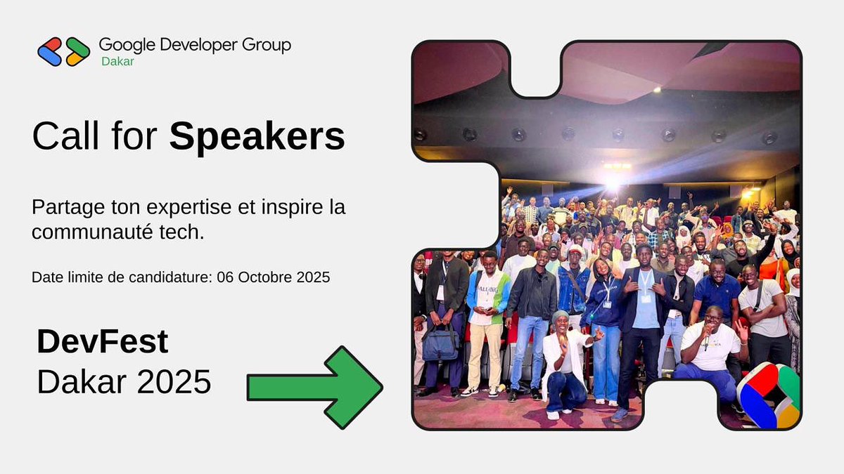 🚀 Call for Speakers 🎤
Tu es passionné·e de tech ? Viens partager ton savoir à la 5e édition du Devfest organisé par GDG Dakar !
📅 Clôture : 6 oct. 2025 à 23h59
🔗: sessionize.com/devfest-25-dak…
#GDGDakar #DevCommunity #CallForSpeakers