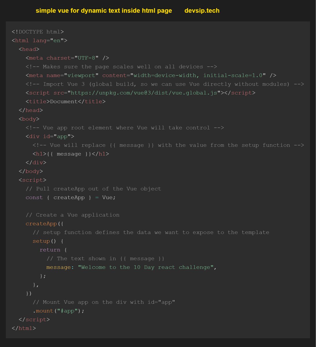 koomekelvink's tweet photo. Welcome to the 10 day Vue Js Challenge where we will cover everything we can on Vue 3.   

Rendering text dynamically on a html is very easy in Vue.  

For more  https://t.co/UYYOK7qYbz  

#vuejs #Javascript #frontenddevelopment #10DaysofCode #buildinpublic #letsconnect https://t.co/7AS6mvJh8K