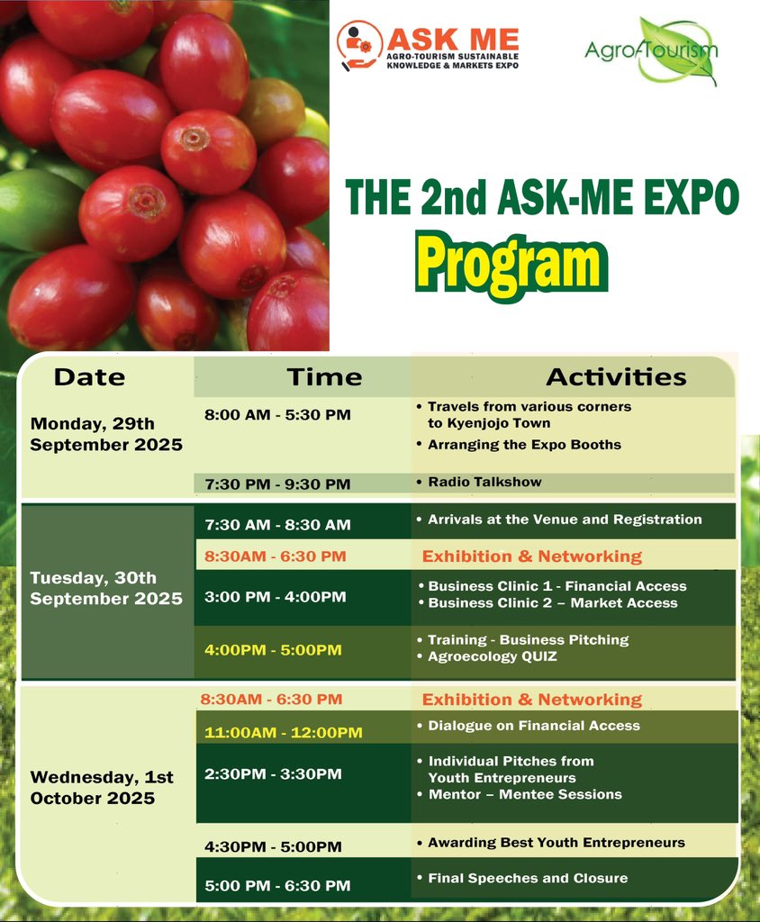 The official schedule for the 2nd #AskMe Expo is out.

The event will commence on September 29 and end on October 1, 2025.

At the expo, you’ll have an opportunity to exhibit your agro products, interact with professionals in agro-tourism, and have fun.

#AskMeExpo
#Agrotourism