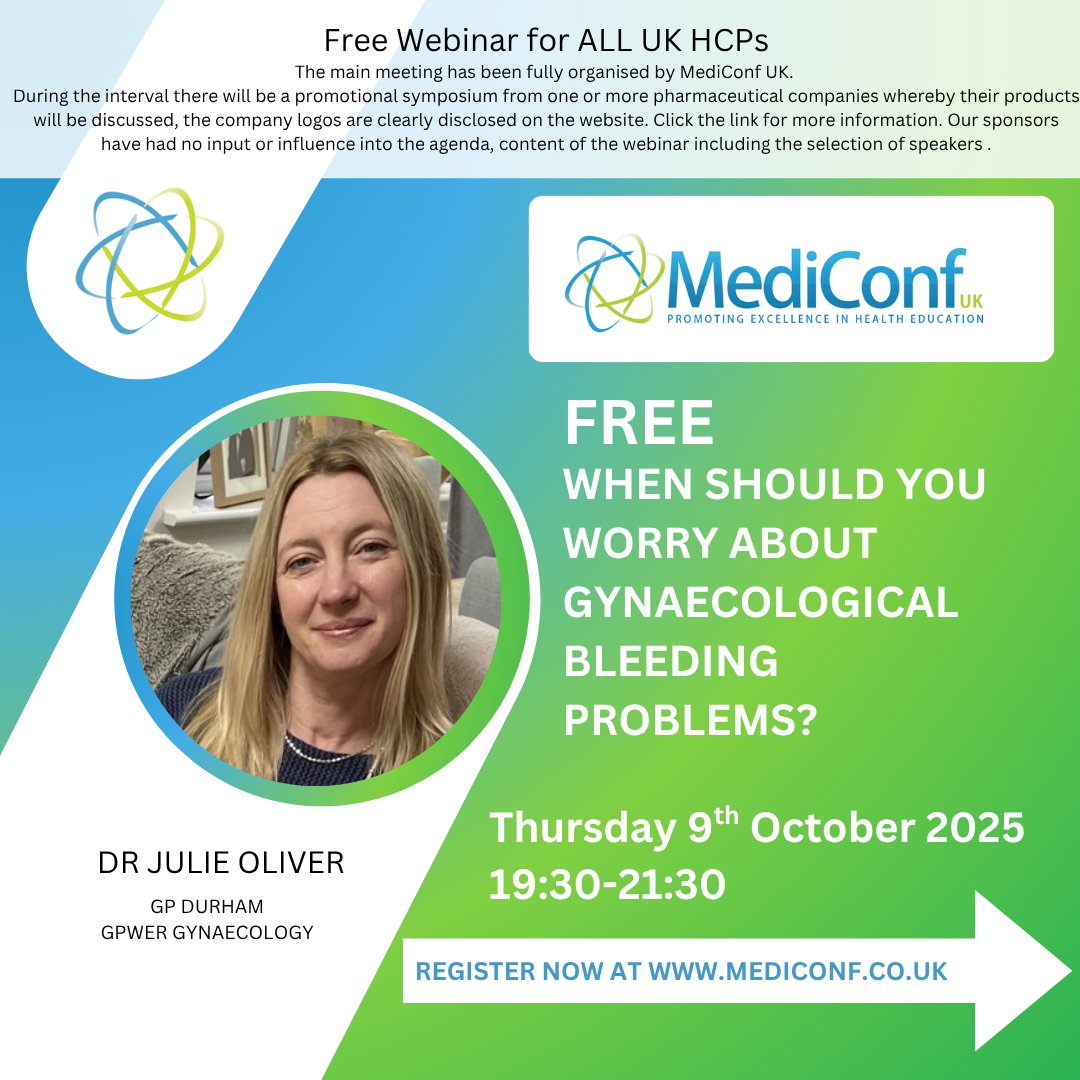 For UK HCPs:🌸 FREE Webinar on When Should You Worry About Gynaecological Bleeding Problems? with Dr Julie Oliver 

Learn how to:
🔹 Spot urgent 2-week referral patterns
🔹 Identify high vs low-risk bleeding

🔗Book your place here: mediconf.co.uk/event-details.…