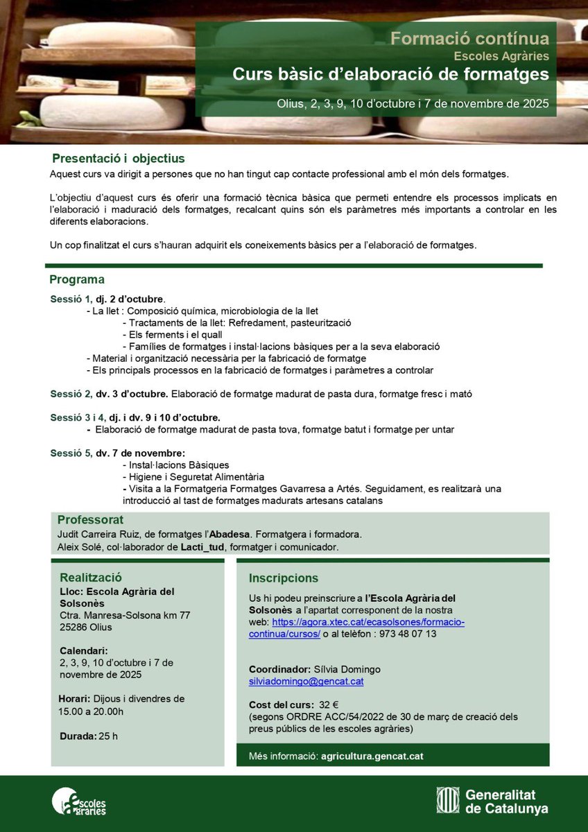 easolsones's tweet image. 🧀 T’agradaria introduir-te en el món de l’elaboració de formatges? Te’n proposem una formació tècnica bàsica que et permeti conèixer els processos implicats en l’elaboració. 

📅 Del 02/10 al 07/11
🕰️ 15-20 h
📝 Inscripcions 🔗 tuit.cat/ZRv5y

#FormacióContínua