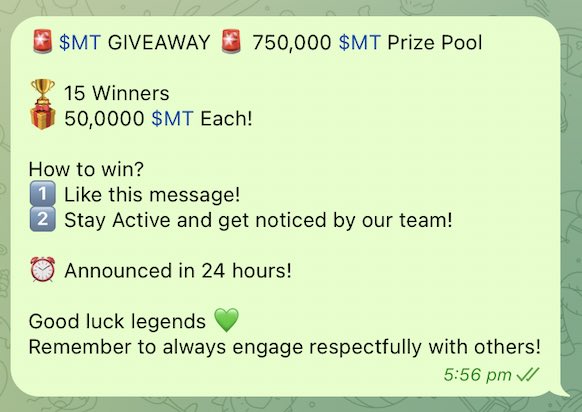 🚨 ANOTHER GIVEAWAY 🚨

750,000 $MT is up for grabs❗️

🏆 15 Winners
🎁 50,000 $MT Each!

How to win? 
1️⃣ Join the MemeTorrent Telegram t.me/+hxWzh5DZbfhiY…
2️⃣ Follow the rules in the pinned post to win! 

#MemeTorrent #GIVEAWAY #EngageToEarn