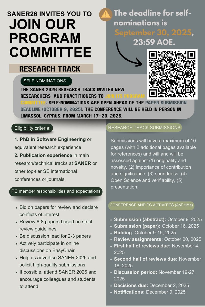 🚨 Join the SANER 2026 Research Track Program Committee! 🚨
⏳ Deadline for self nominations : September 30, 2025 (23:59 AoE)
🔗 forms.gle/jKPKwqhqcKKcF5…
✅ Eligibility: PhD (or equivalent) + publications in top SE venues
📝 Responsibilities: Review papers, lead discussions!