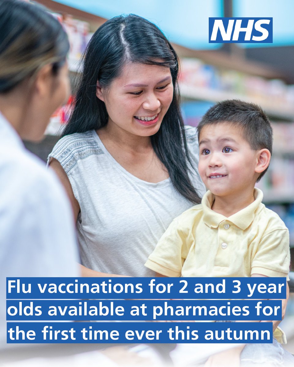 For the first time, parents will be able to get their 2 and 3 year olds vaccinated against flu at local pharmacies.

Starting from 1 October, it will be easier for parents to protect their toddlers from getting seriously ill with flu ahead of winter.
 
➡️ england.nhs.uk/2025/09/nhs-ma…