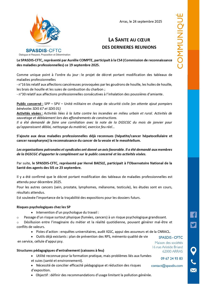 pompiers_cftc's tweet image. 🧑‍🚒🩺🩻 Le #SPASDIS au centre de l&apos;ensemble des dernières réunions sur la santé des #SPP et #PATS des #SDIS : 2 nouvelles maladies pro reconnues 👇👇👇
#pompiers #DGSCGC #sécuritécivile #CFTC