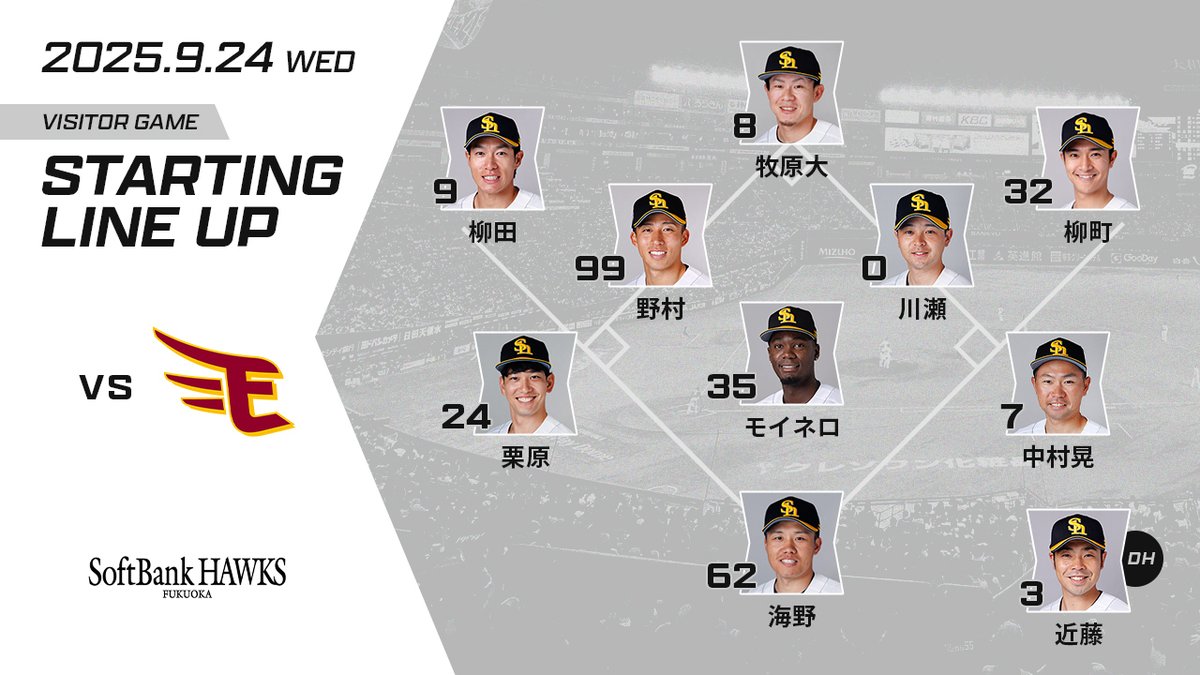 9月24日スタ☆メン】 1左 #柳田悠岐 2指 #近藤健介 3三 #栗原陵矢 4一