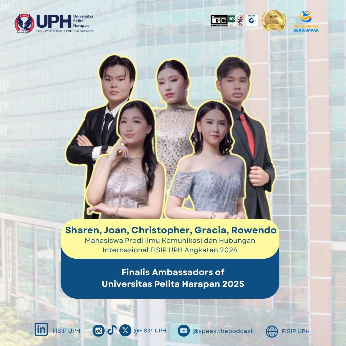 FISIP_UPH's tweet photo. [PRESTASI MAHASISWA] 

Selamat kepada 5 mahasiswa/i FISIP UPH yang berprestasi di ajang Ambassador of UPH 2025 🎉 Teruslah menginspirasi! 👏

Baca lebih lanjut:
https://t.co/ECQwkeNkA9

#UPH #UPHImpactLives #FISIPUPH #MahasiswaBerprestasi #AmbassadorofUPH https://t.co/93p2z8RF6o
