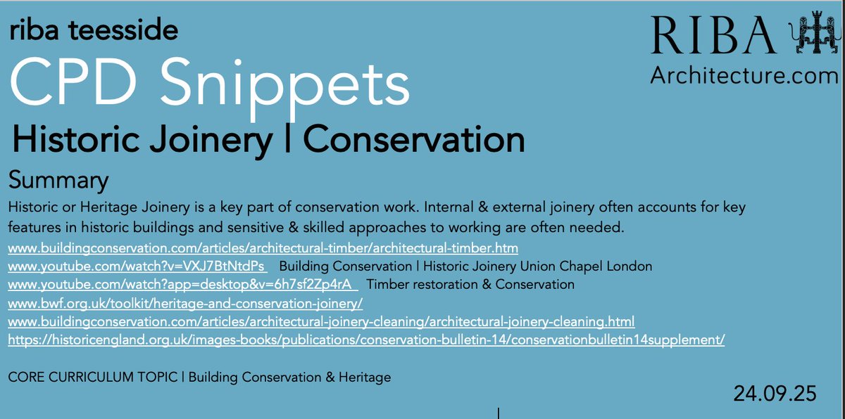 RibaTees's tweet image. #CPDSnippets this week we look at #Conservation #Joinery links
buildingconservation.com/articles/archi…
youtube.com/watch?v=VXJ7Bt…
youtube.com/watch?app=desk…
bwf.org.uk/toolkit/herita…
buildingconservation.com/articles/archi…
historicengland.org.uk/images-books/p…
@RIBANE @RIBA @YAPF #architecture #architects