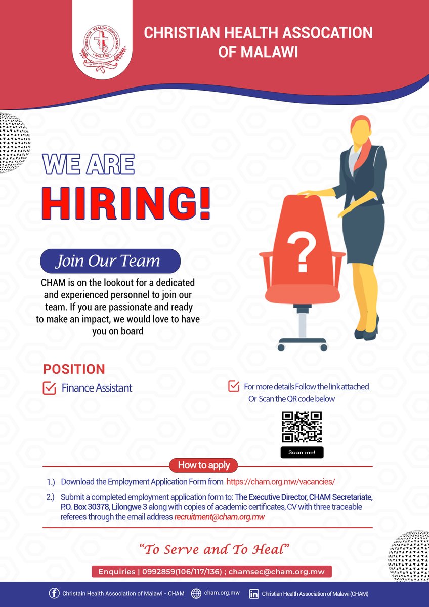 CHAMalawi's tweet photo. We are Hiring!
Positions: Finance Assistant
Location: Lilongwe
For more details visit: https://t.co/CFq6UMeGsq https://t.co/1UbEFZA0XV