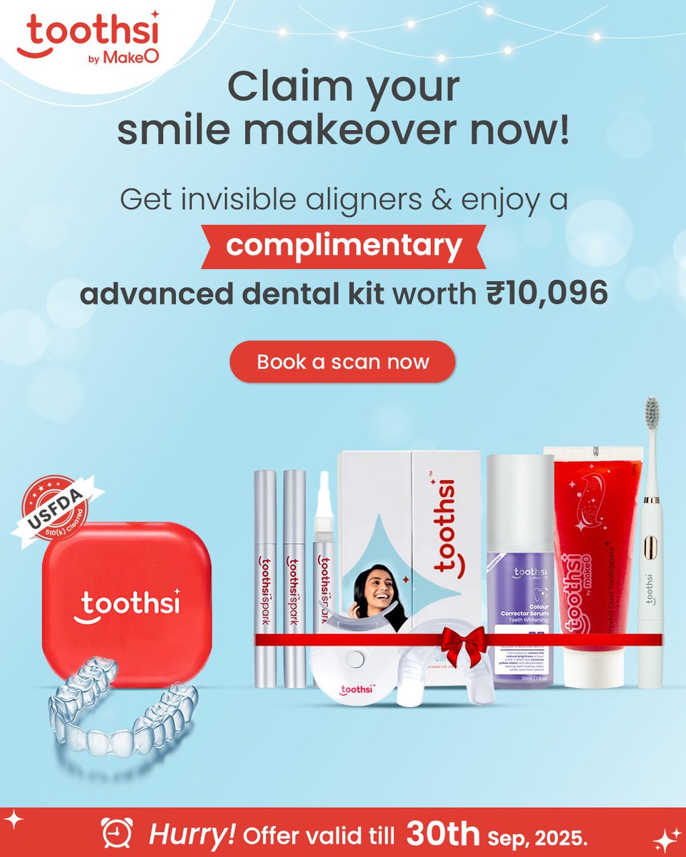 toothsialigners's tweet image. Celebrate this festive season with invisible aligners and receive a COMPLIMENTARY dental kit containing:
- toothsi electro i8 sonic toothbrush
- toothsi Spark | Teeth Whitening Kit
- toothsi color corrector serum
- toothsi crystal cool toothpaste
#toothsi #ExcitingDeal