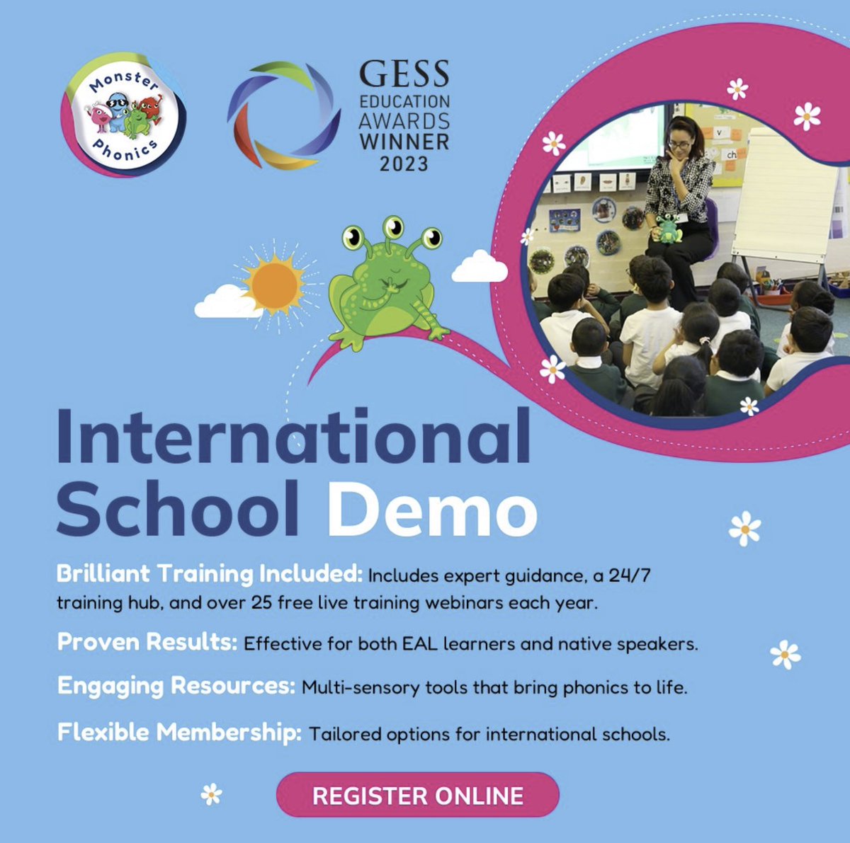 🌍 International Monster Phonics Demos Join Us Live 

Looking for a proven way to make phonics teaching simpler, more consistent, and more engaging?

Join our free live demo sessions on Tuesday 7th October at 8am BST or 12pm BST and see Monster Phonics in action.

Our