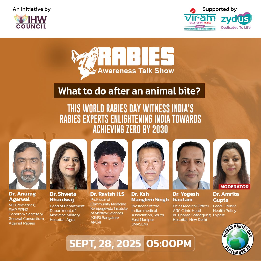 IHWCouncil's tweet image. Rabies Awareness Talk Show
📅 28 Sept 2025 | ⏰ 5 PM

What to do after an animal bite?

Join leading experts as they share insights on prevention and treatment to achieve Zero Rabies Deaths by 2030.
👉linkedin.com/feed/update/ur…
👉 facebook.com/events/1085786…
👉 youtube.com/live/1spaRIs7N…