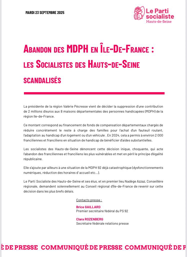 📢 Abandon des maisons départementales des personnes #handicapees en Île-de-France : 
Nous sommes scandalisés par cette décision choquante de Valérie Pécresse ⬇️