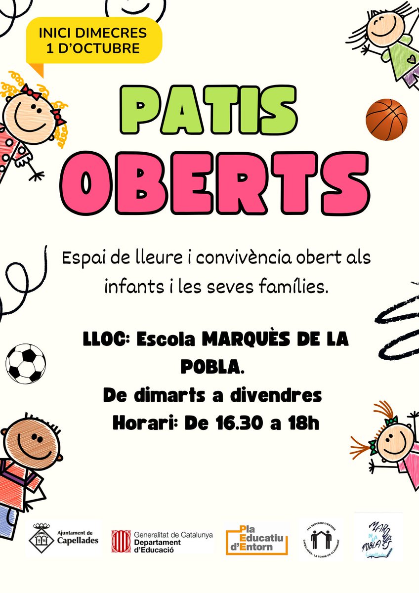 El dimecres 1 d’octubre tornaran els Patis Oberts a l’Escola Marquès de la Pobla, de dimarts  a divendres a la tarda de 16.30 a 18h.

Per participar-hi no cal inscripció prèvia, només anar al pati de l’Escola dins aquest horari.