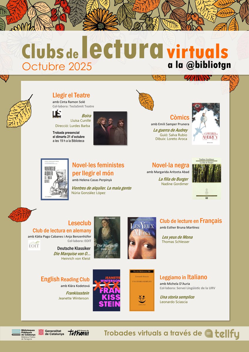 👃🍂Flairem la tardor tot recuperant, al 100%, els #clubsdelectura #virtuals!
Us presentem la programació pel proper mes d'octubre amb els clubs de #teatre, #còmics, #llengües, novel·la #negra i #feministes.

ℹ️ bibliotecatarragona.gencat.cat/ca/actualitat/…