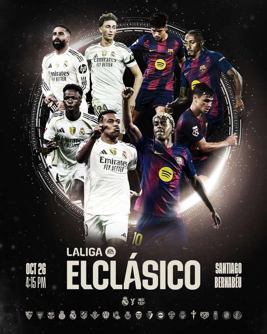 Multiple soccer players in white and red jerseys. Players include those in Real Madrid and FC Barcelona uniforms, such as individuals in white jerseys with "Emirates" text and others in red and blue striped jerseys with "Spotify" text. Text overlays read "LaLiga ElClásico Oct 26 4:50 PM Santiago Bernabéu".