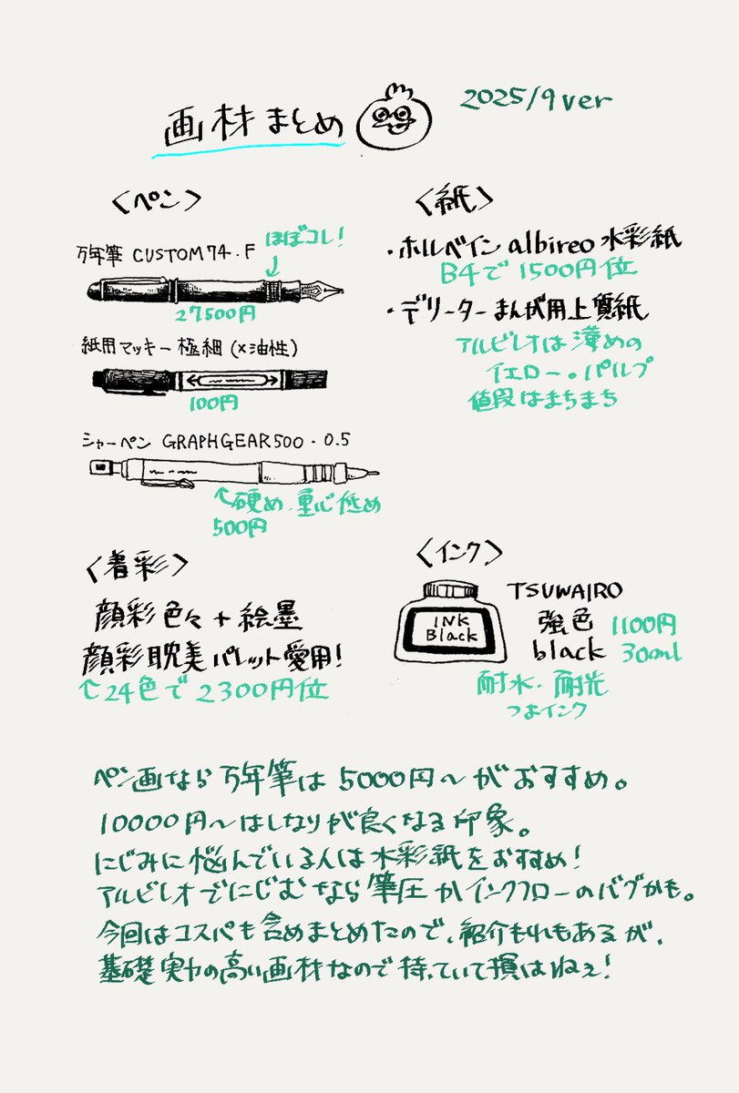 画材まとめ✒️ 最新版です。
今回は選抜画材のみまとめました。コスパ含めの選抜なので、ご参考までに😽
