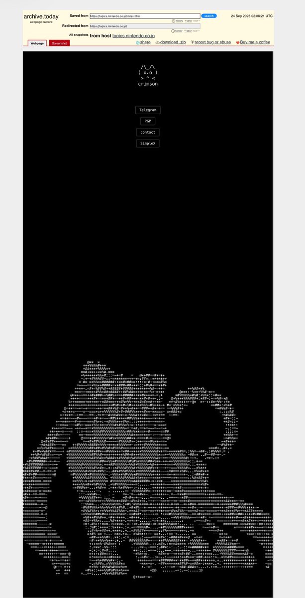 Pirat_Nation's tweet image. Someone defaced Nintendo&apos;s topics page.

Nintendo restored the page.

They added crimson text and a cat image.