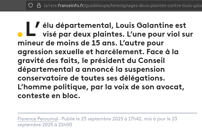 Casimir_Noir's tweet image. la1ere.franceinfo.fr/guadeloupe/tem…
Deux plaintes contre Louis Galantine, le vice-président du conseil départemental de Guadeloupe, pour violences sexuelles présumées : l’élu (apparenté #PartiSocialiste) a été suspendu par le conseil départemental.
