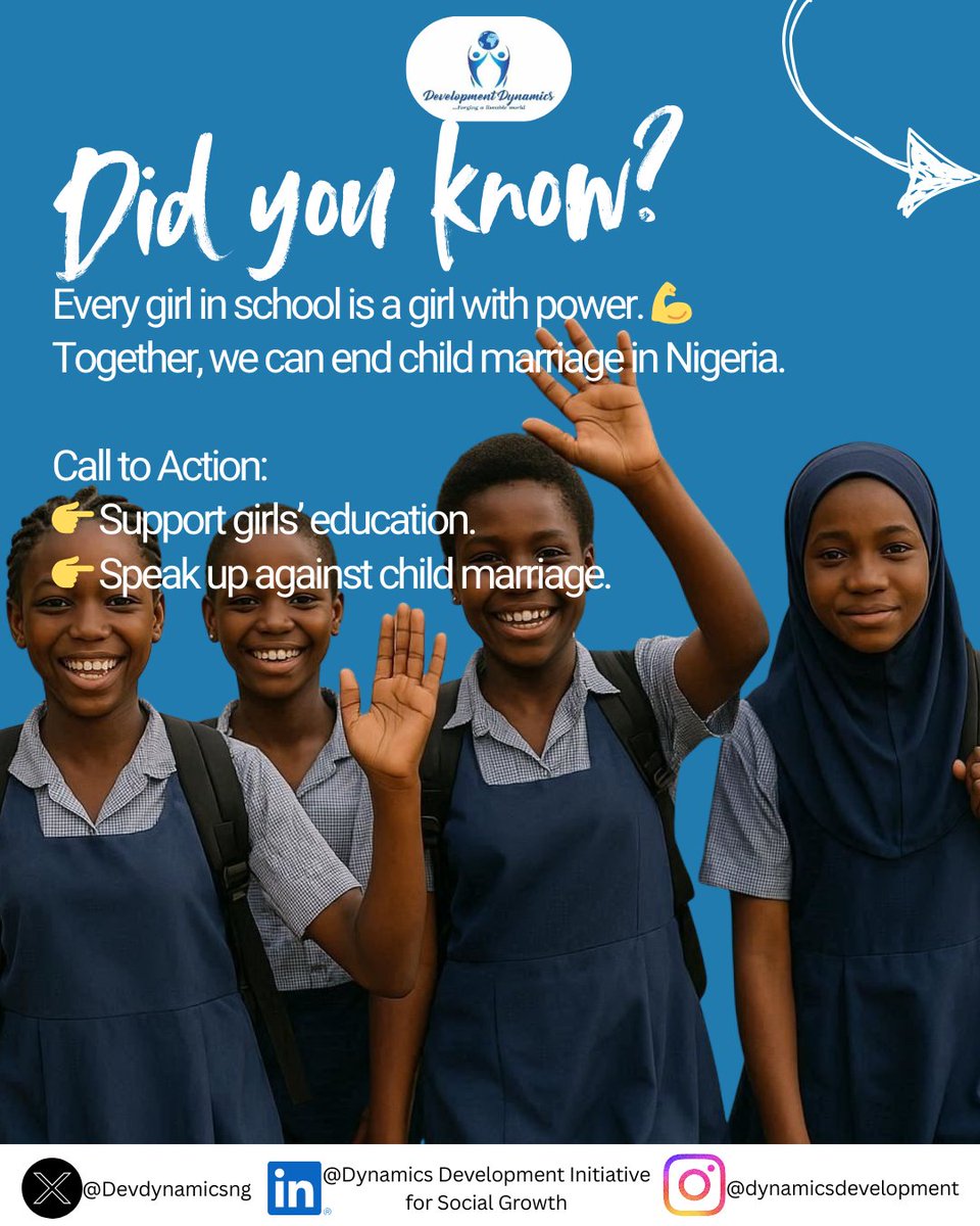 Devdynamicsng's tweet image. In Nigeria🇳🇬, too many girls are forced into marriage before they are ready.
But education is the most powerful tool to break this cycle.
Every year a girl stays in school, her chance of early marriage decreases.
Let’s fight for a future where every girl can dream, learn, and