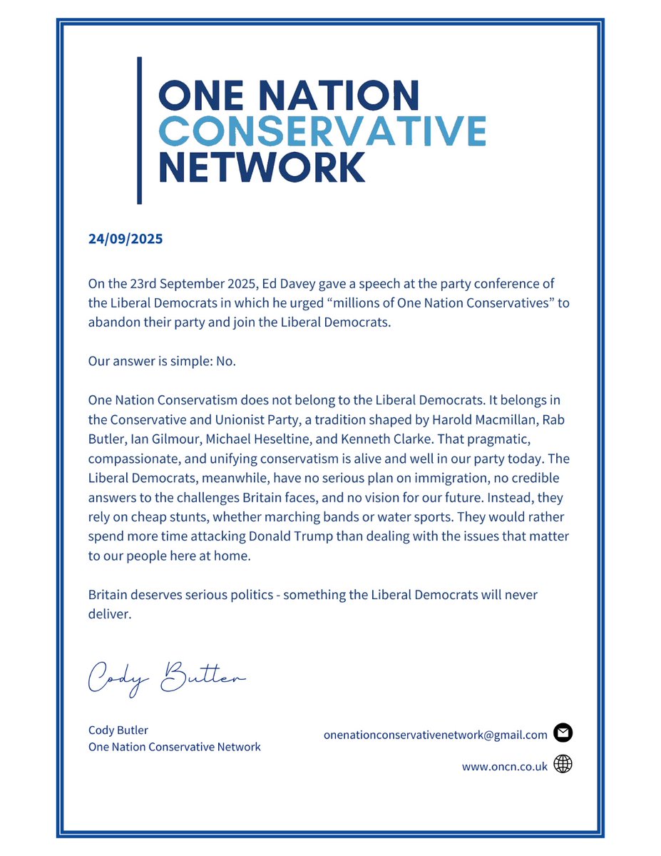 ONCNetwork's tweet image. One Nation Conservatives are and always will be Conservatives. Read our statement below 👇
