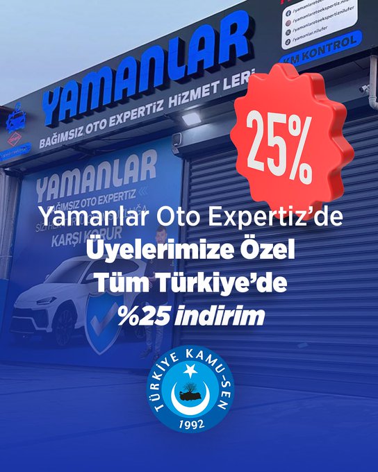 A building facade with a blue and white sign reading "Yamanlar" in large letters. A red circular badge displays "25%" prominently. Text on the sign includes "Yamanlar Oto Expertiz" and "Bağımsız Oto Expertiz Hizmet" in white. An image of a white car is visible on the sign. A logo with a crescent and star, labeled "Türkiye Kamu-Sen 1992," is at the bottom. Additional text mentions "Tüm Türkiye\'de %25 İndirim" and "Üyelerimize Özel."